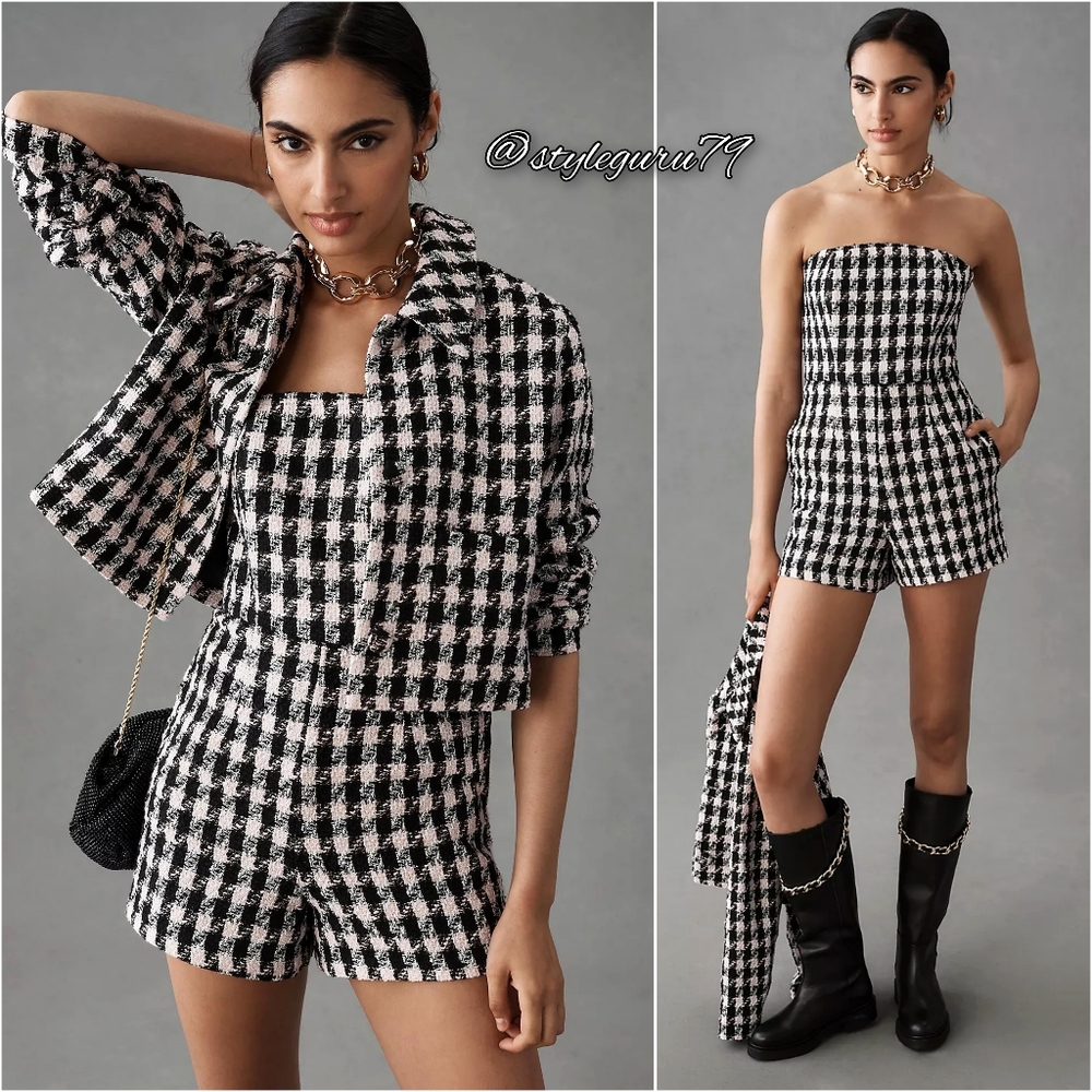 Anthropologie Black and White Houndstooth Romper Set